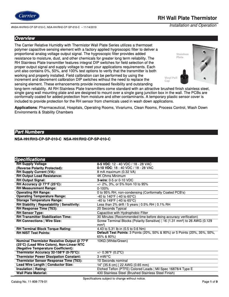 Page 1 de la notice Manuel utilisateur Carrier NSA-3PCT-RH