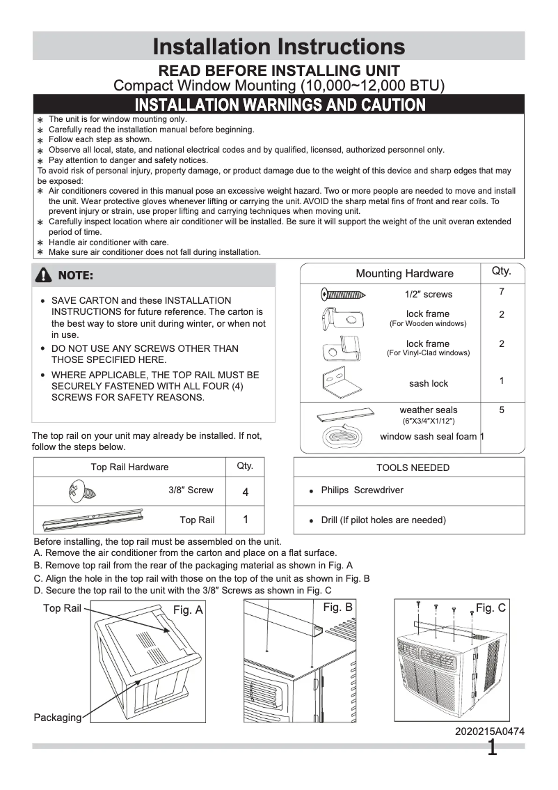 Page 1 de la notice Guide d'installation Frigidaire FRA122BU1