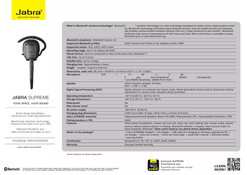 Page 1 de la notice Fiche technique Jabra Supreme+