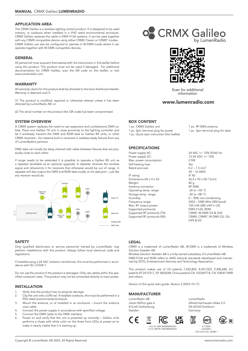 Image de la première page du manuel de l'appareil CRMX Galileo TX