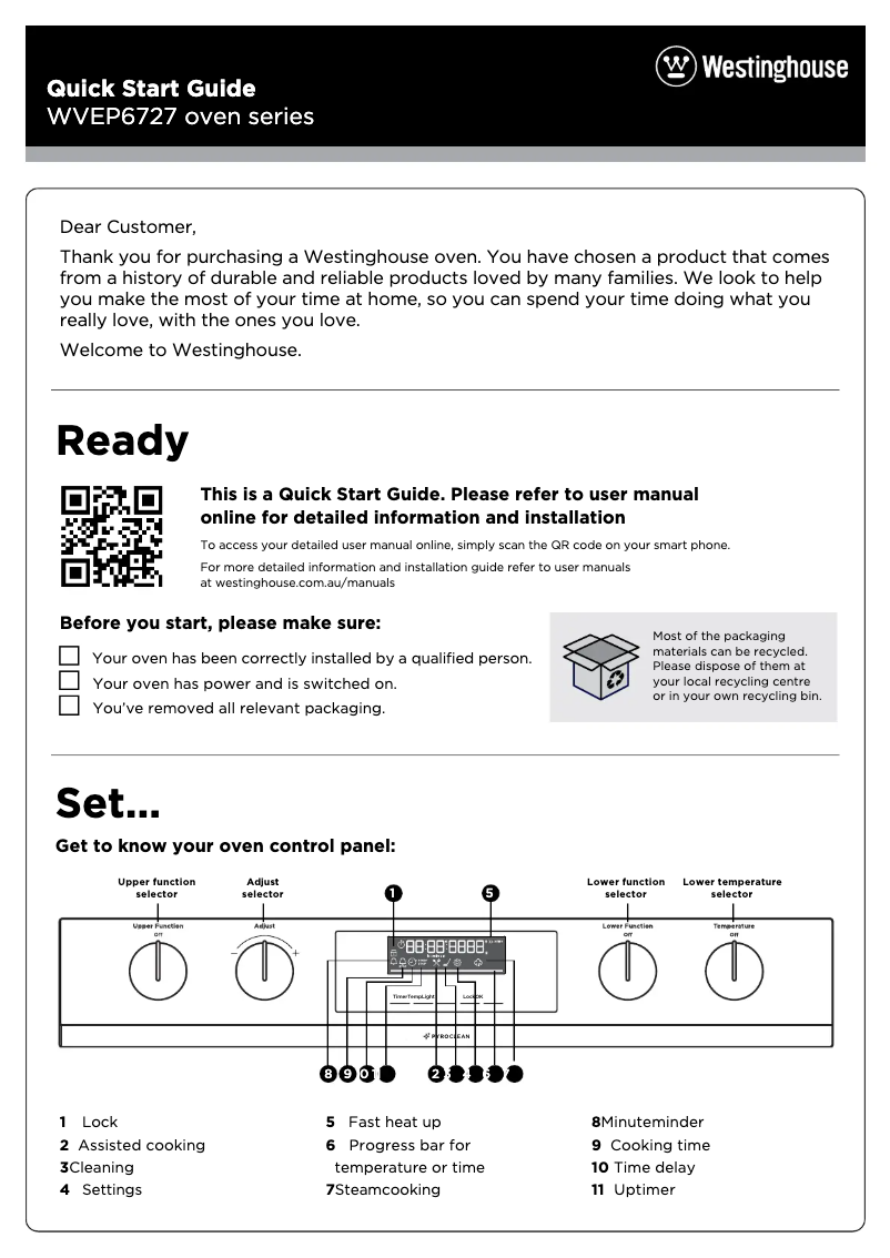 Page 1 de la notice Guide de démarrage rapide Westinghouse WVEP6727DD