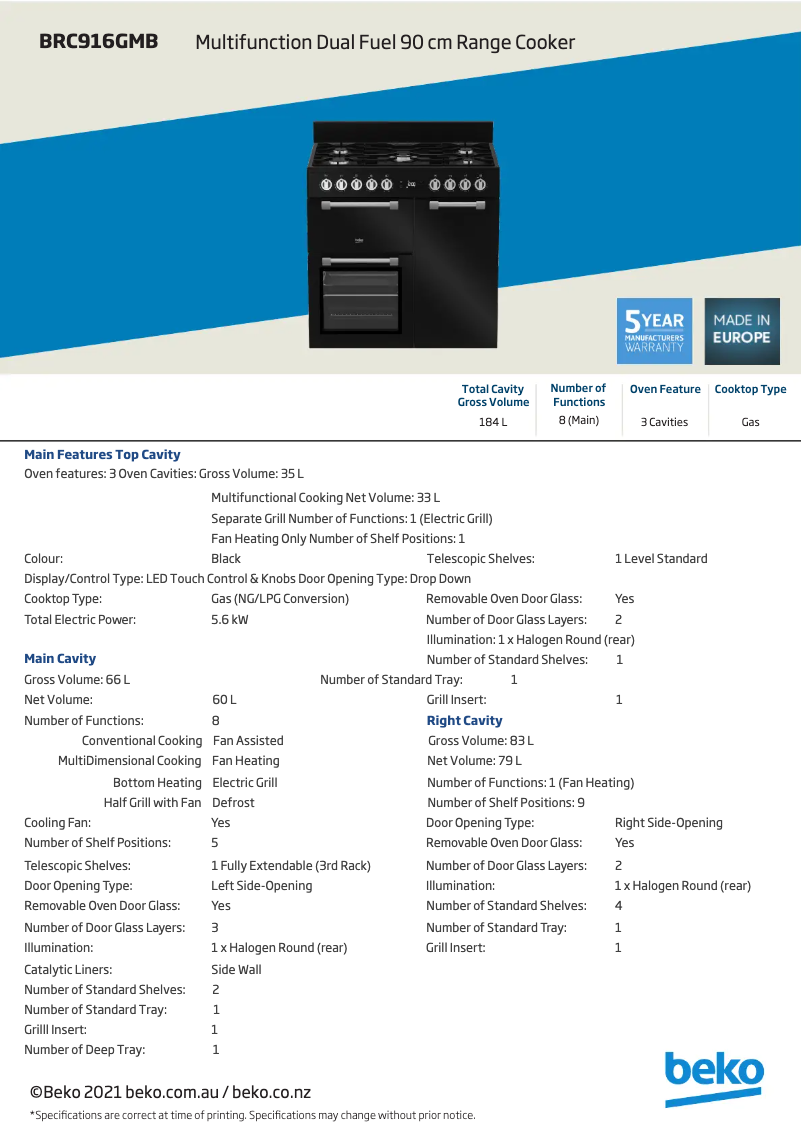 Page 1 de la notice Fiche technique Beko BRC916GMB