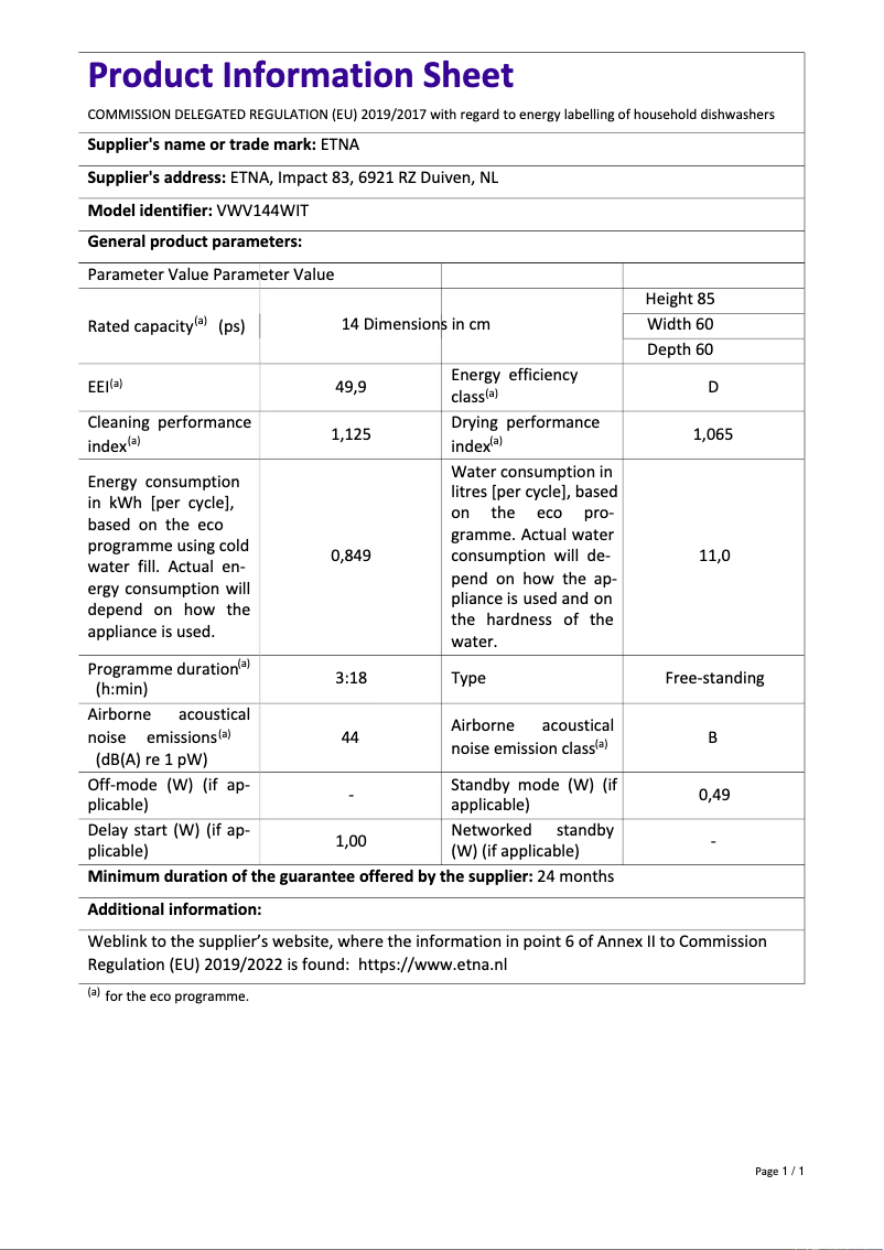 Page 1 de la notice Fiche technique Etna VWV144WIT