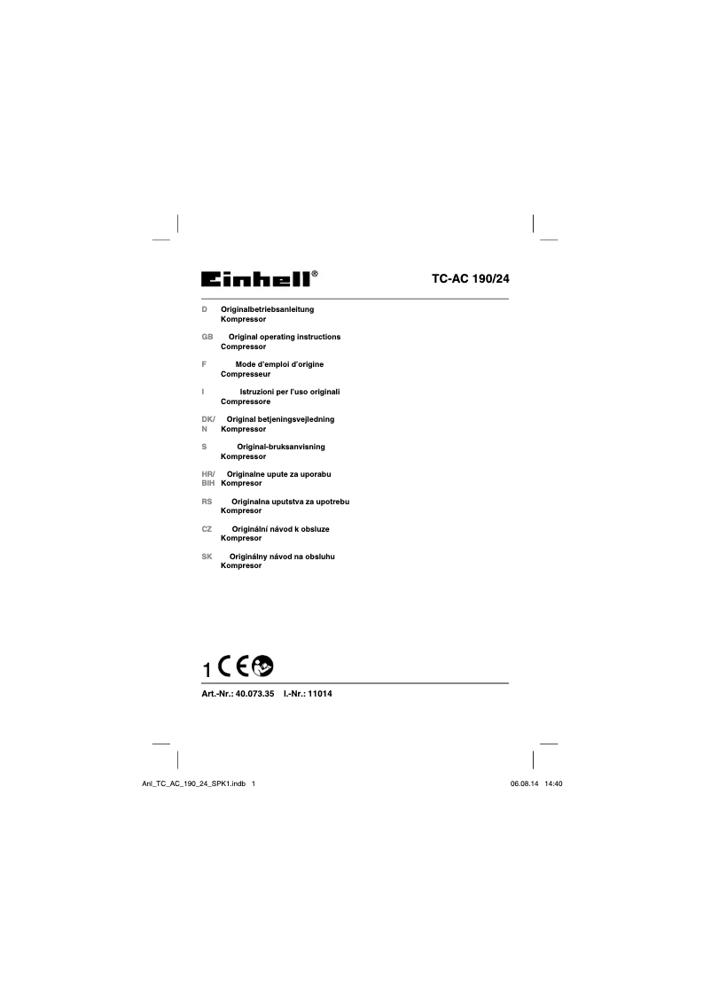 Page 1 de la notice Manuel utilisateur Einhell TC-AC 190/24