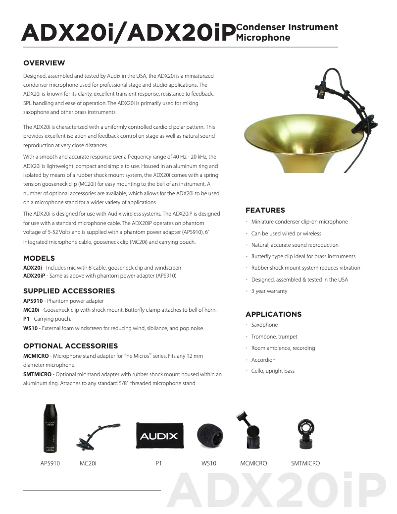 Page 1 de la notice Fiche technique Audix ADX20i