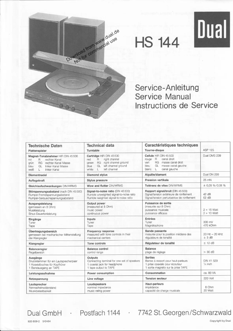 Page 1 de la notice Manuel utilisateur Dual HS144