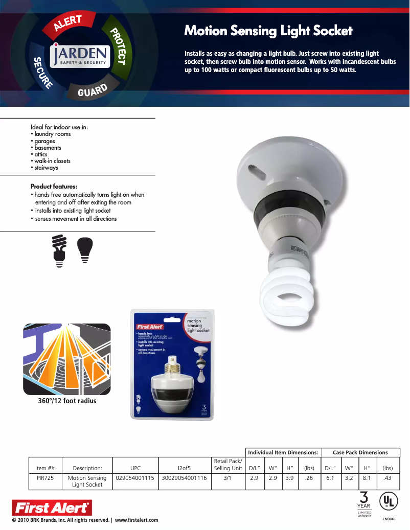 Page 1 de la notice Fiche technique First Alert PIR725
