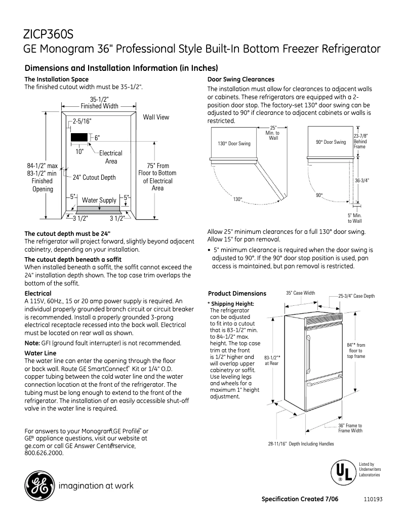 Page n°1 - Fiche technique GE ZICP360SLSS