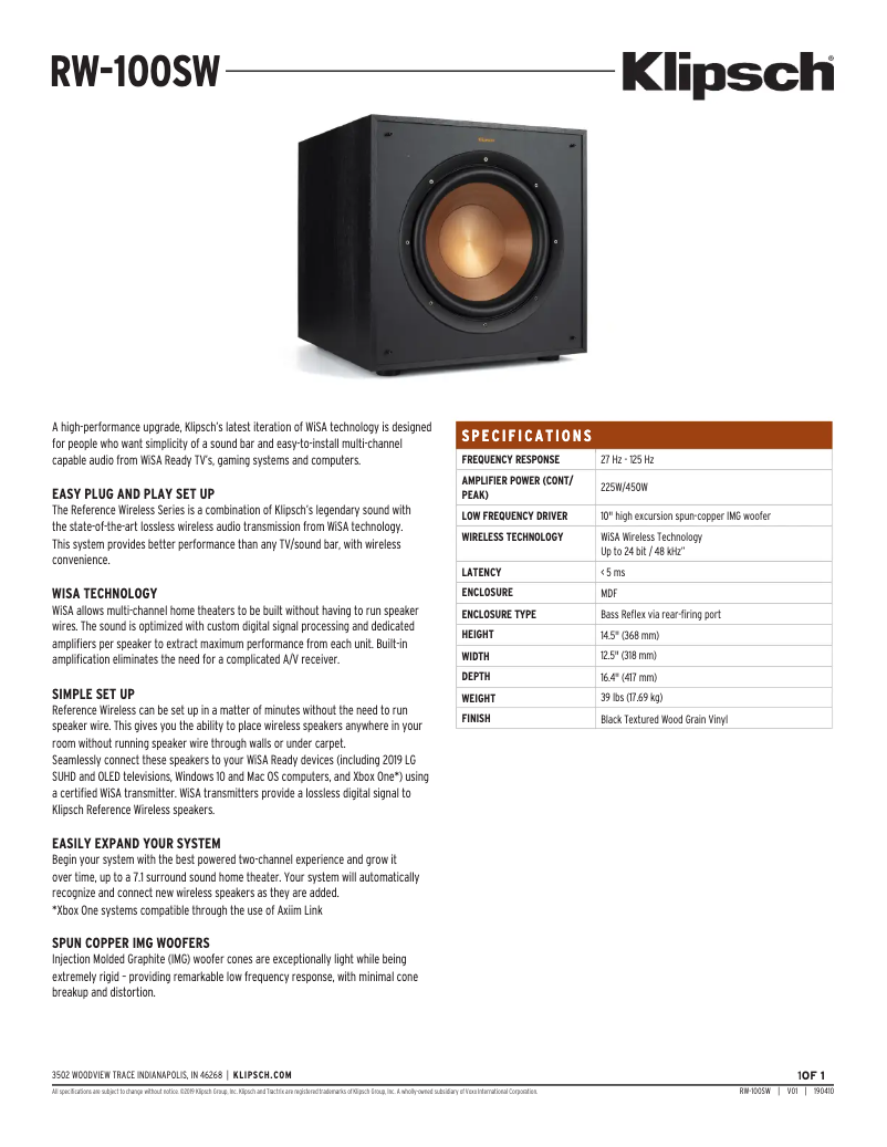 Page n°1 - Fiche technique Klipsch RW-100SW