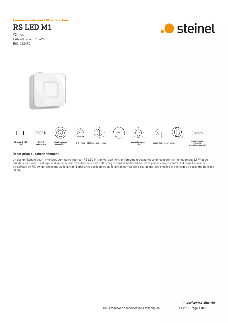 Page 1 de la notice Fiche technique Steinel RS LED M1