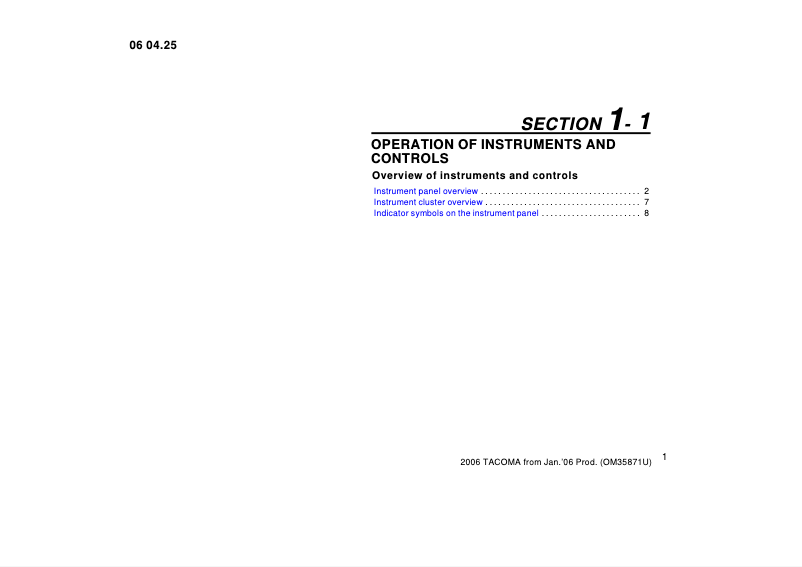 Page 1 de la notice Manuel utilisateur Toyota Tacoma (2006)