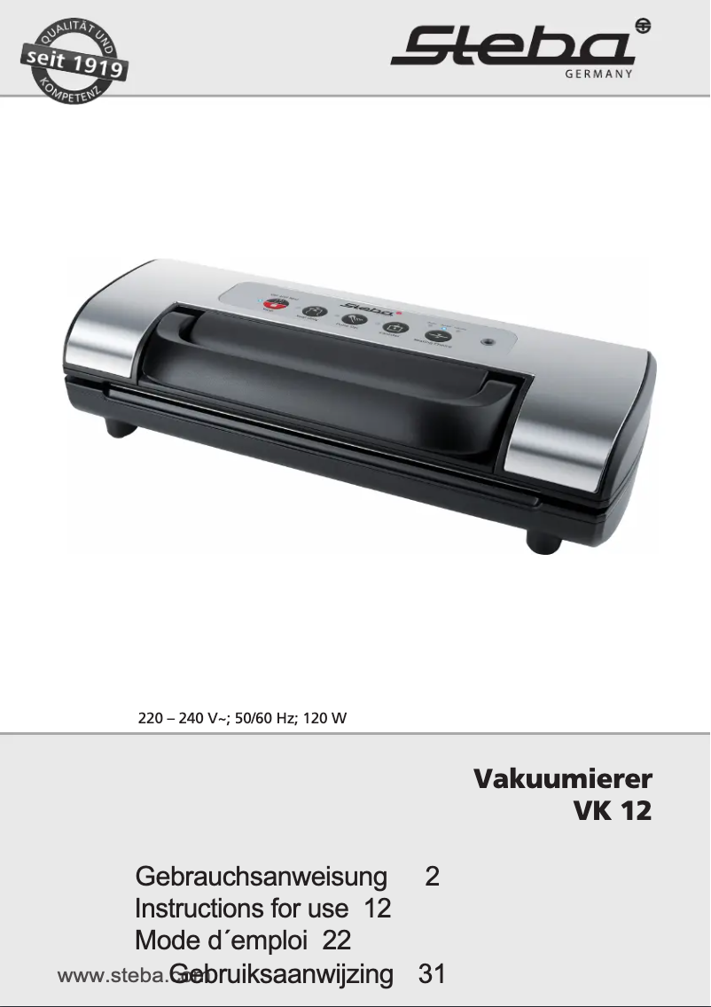 Page 1 de la notice Manuel utilisateur Steba VK 12