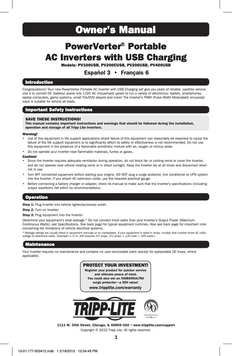 Imagen de la primera página del manual del dispositivo PV100USB