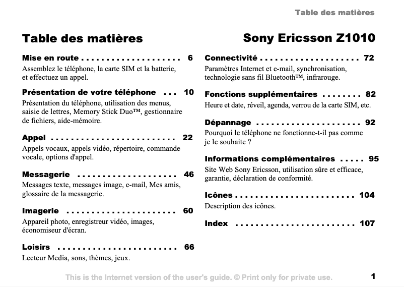 Page n°1 - Manuel utilisateur Sony Ericsson Z1010
