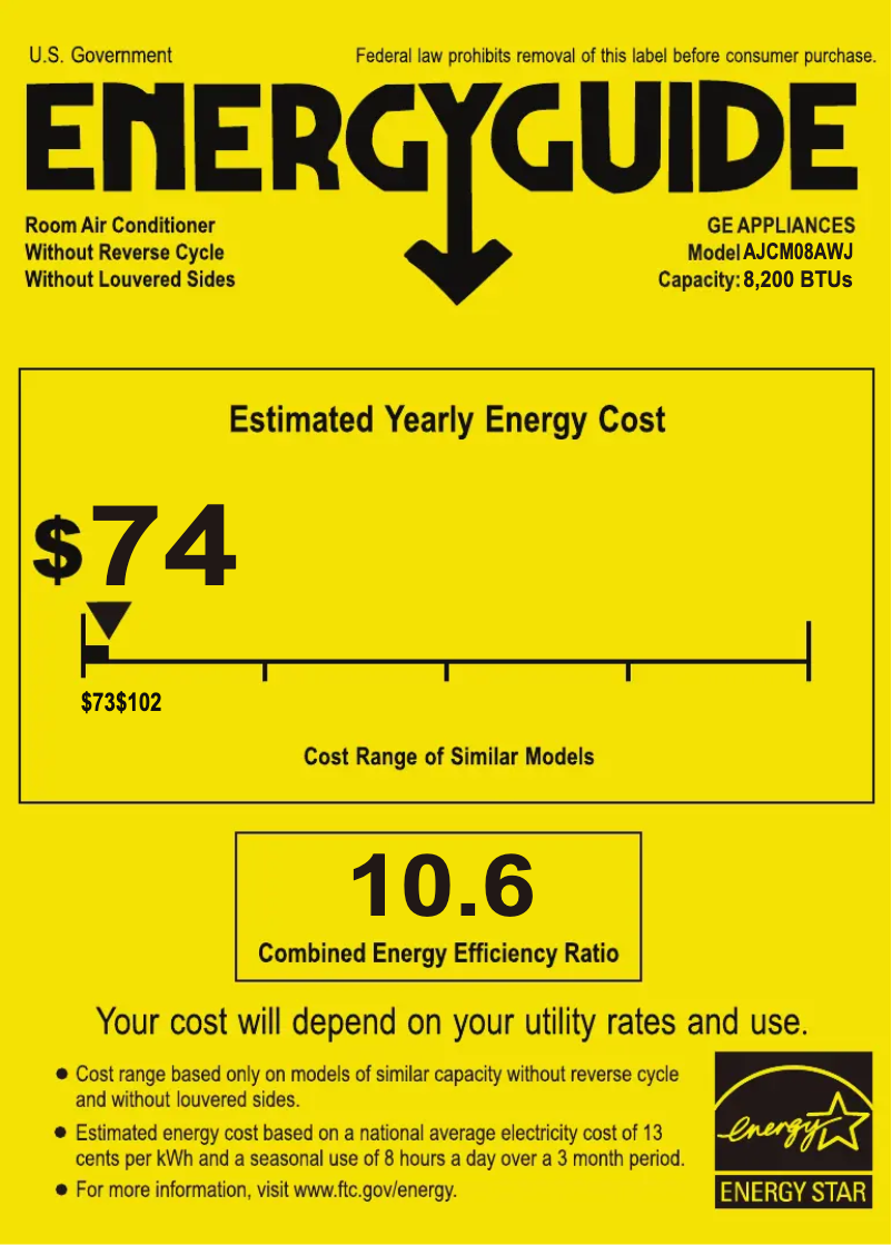 Page 1 de la notice Label énergétique GE AJCM08AWJ