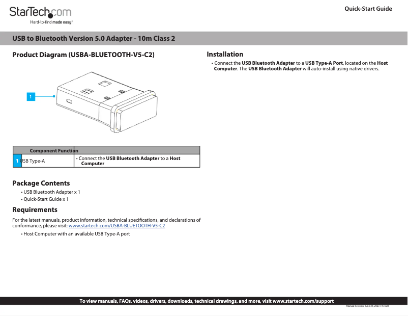 Page 1 de la notice Manuel utilisateur StarTech.com USBA-BLUETOOTH-V5-C2