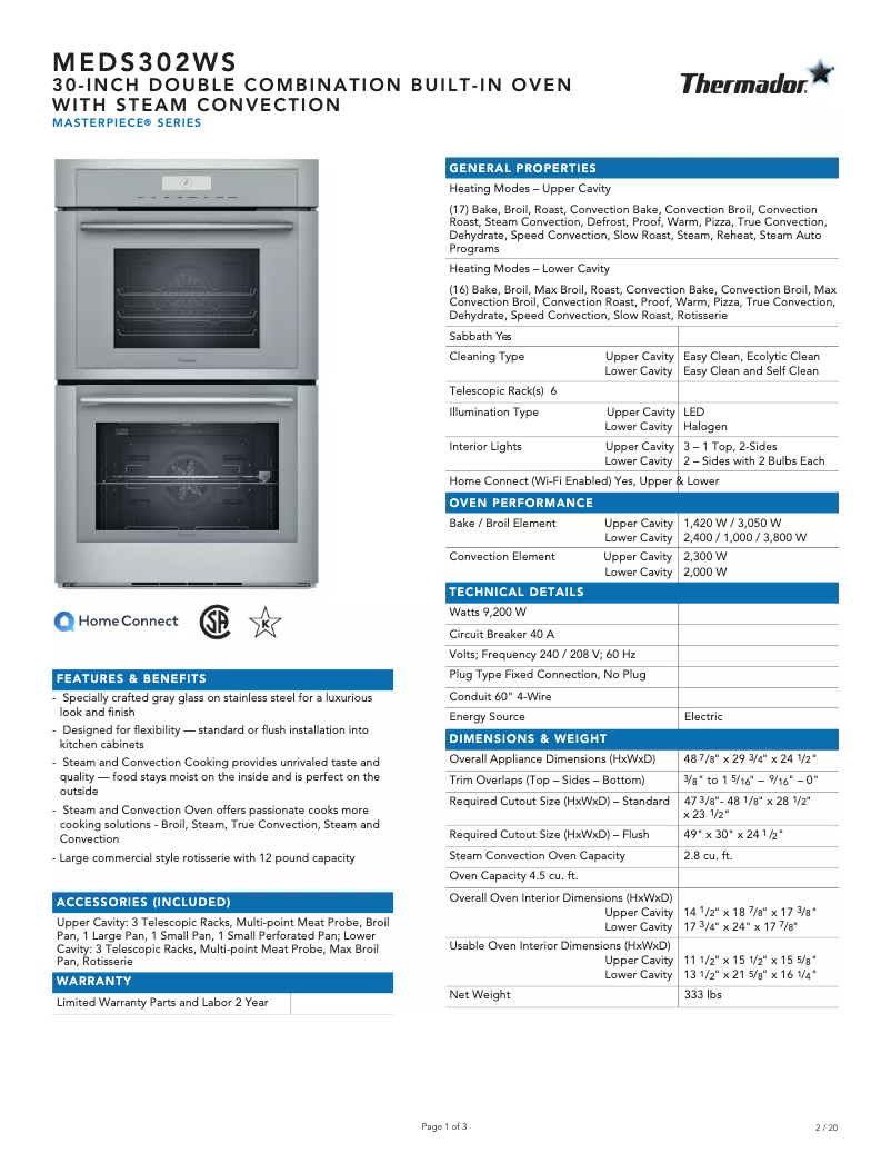 Página 1 del manual Ficha técnica Thermador MEDS302WS