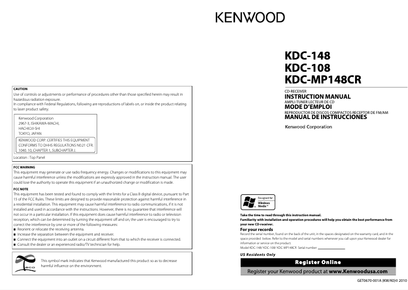 Página 1 del manual Manual de usuario Kenwood KDC-148