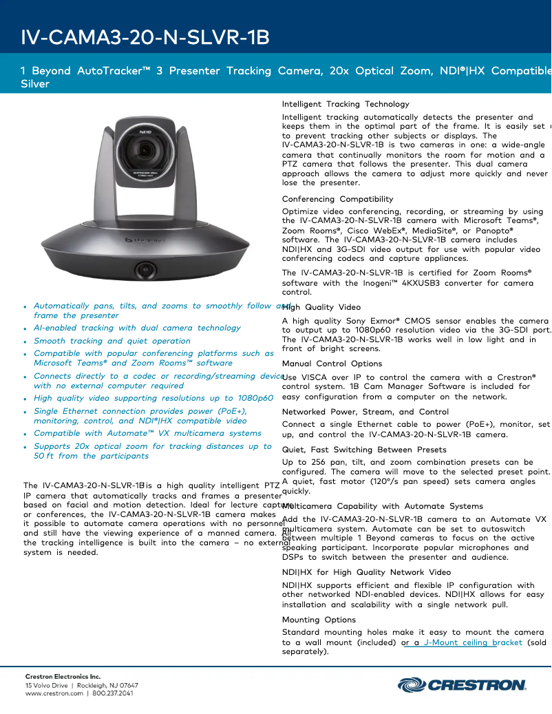 Page 1 de la notice Fiche technique Crestron IV-CAMA3-20-N-SLVR-1B