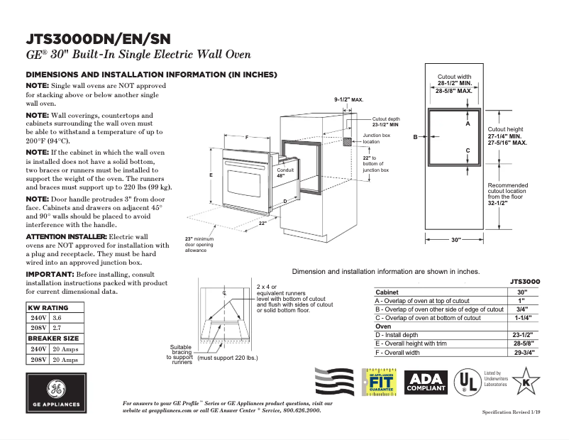 Page 1 de la notice Fiche technique GE JTS3000DNBB