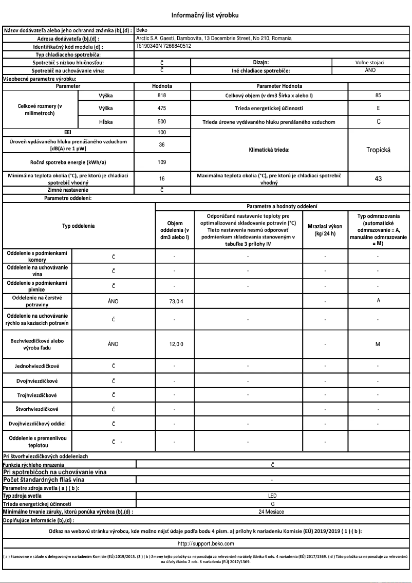 Page 1 de la notice Fiche technique Beko TS190340N