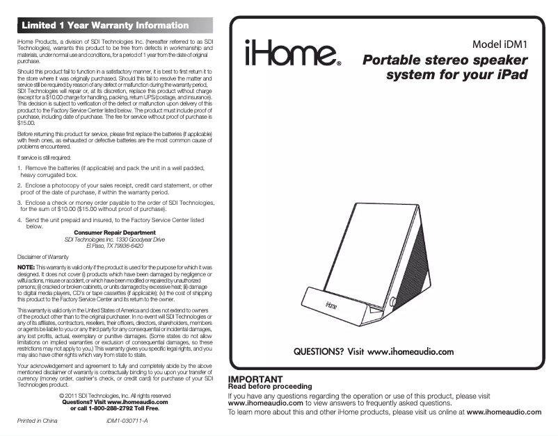 Page 1 de la notice Manuel utilisateur iHome iDM1