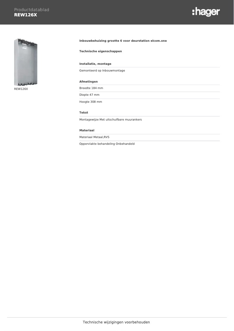 Page 1 de la notice Fiche technique Hager REW126X