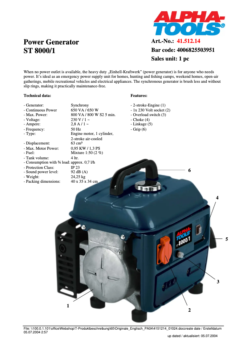 Page 1 de la notice Fiche technique Alpha Tools ST 8000/1