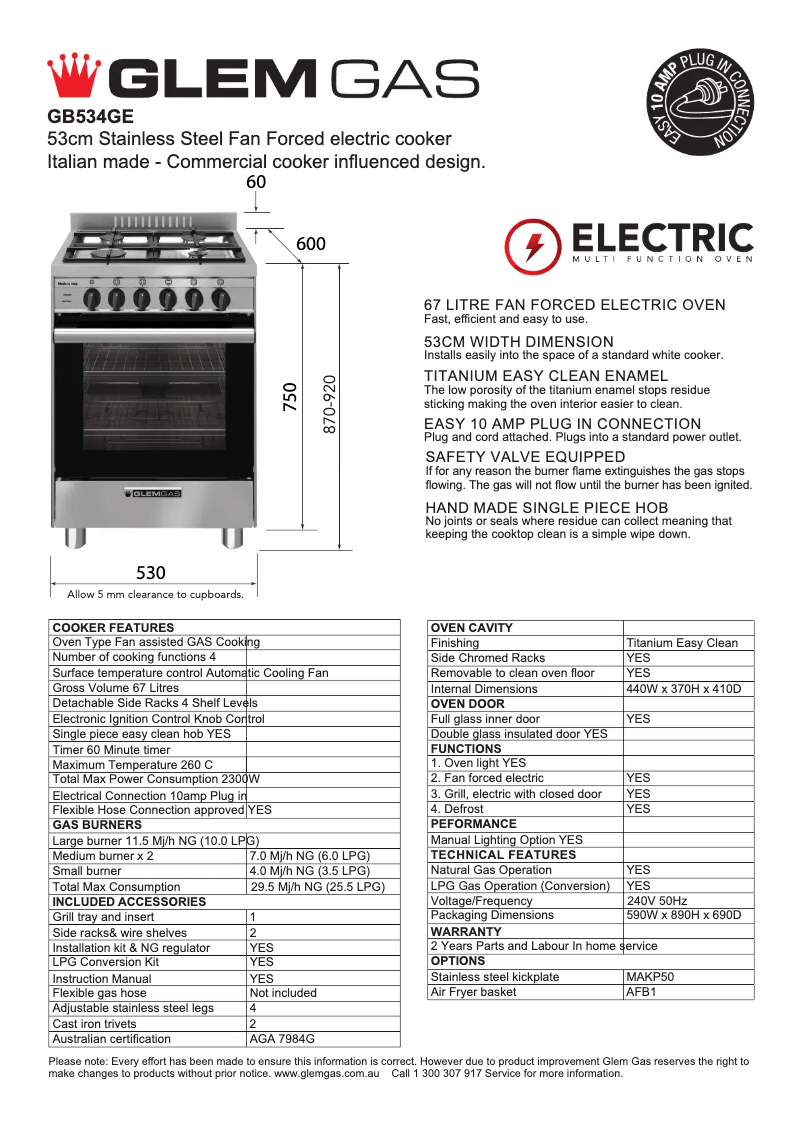 Page n°1 - Fiche technique Glem Gas GB534GE