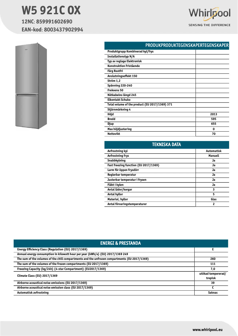 Page n°1 - Fiche technique Whirlpool W5 921C OX
