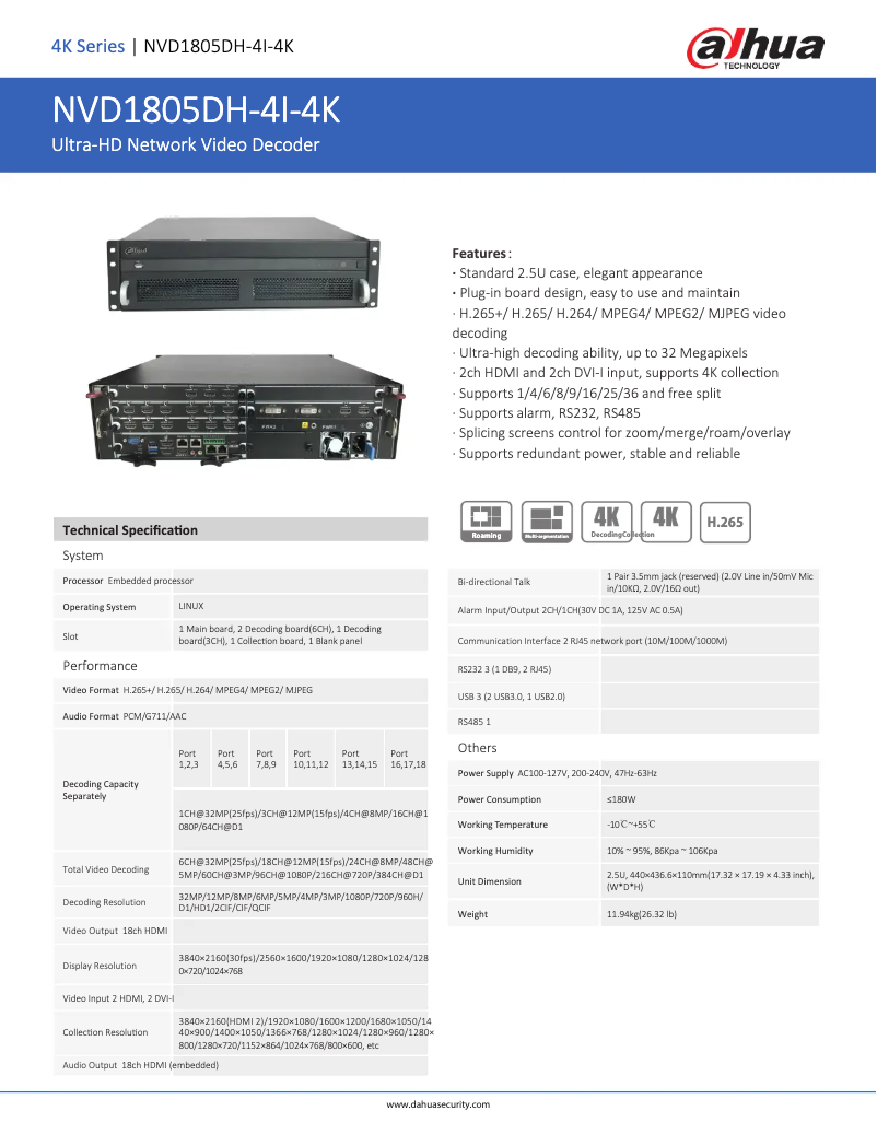 Page 1 de la notice Fiche technique Dahua Technology NVD1805DH-4I-4K