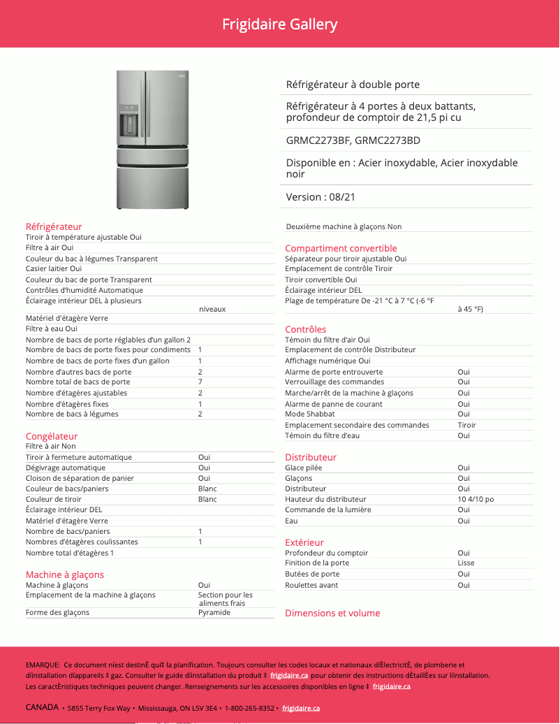 Page n°1 - Fiche technique Frigidaire GRMC2273BF
