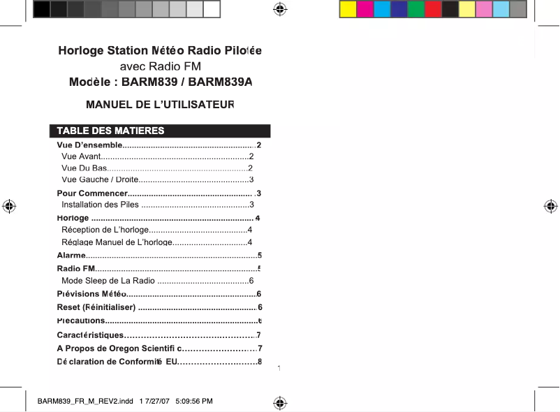 Page 1 de la notice Manuel utilisateur Oregon Scientific BARM839