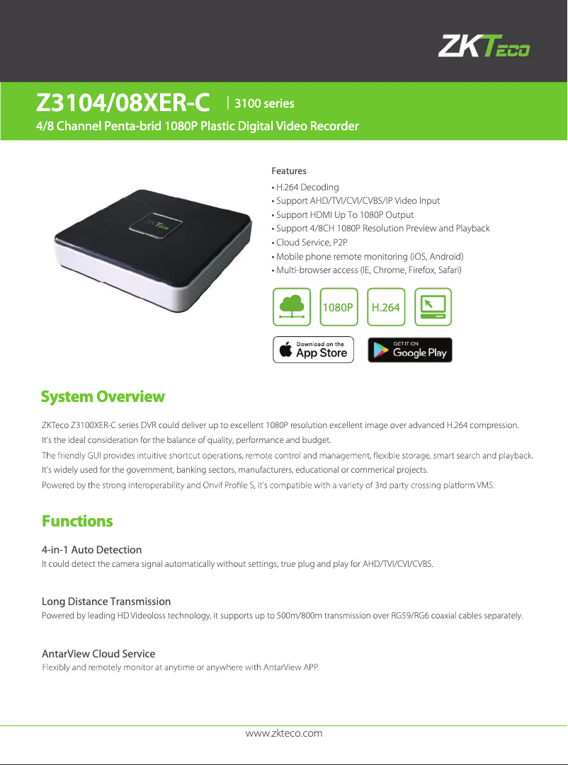 Page 1 de la notice Fiche technique ZKTeco Z3104/08 XER-C