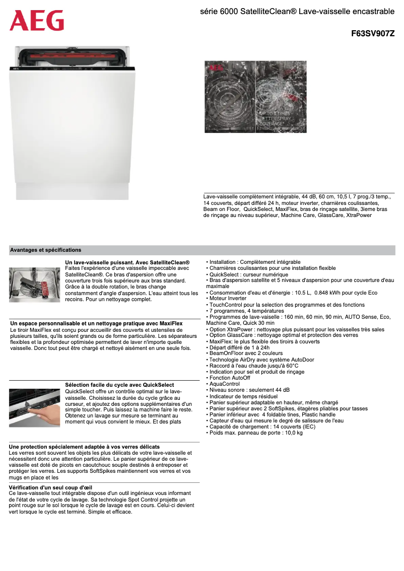 Page 1 de la notice Fiche technique AEG F63SV907Z