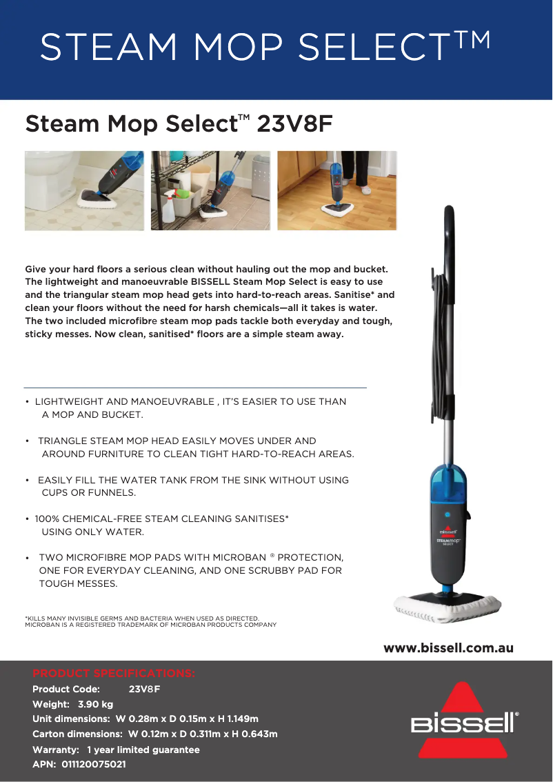 Page 1 de la notice Fiche technique Bissell Steam Mop Select 23V8F