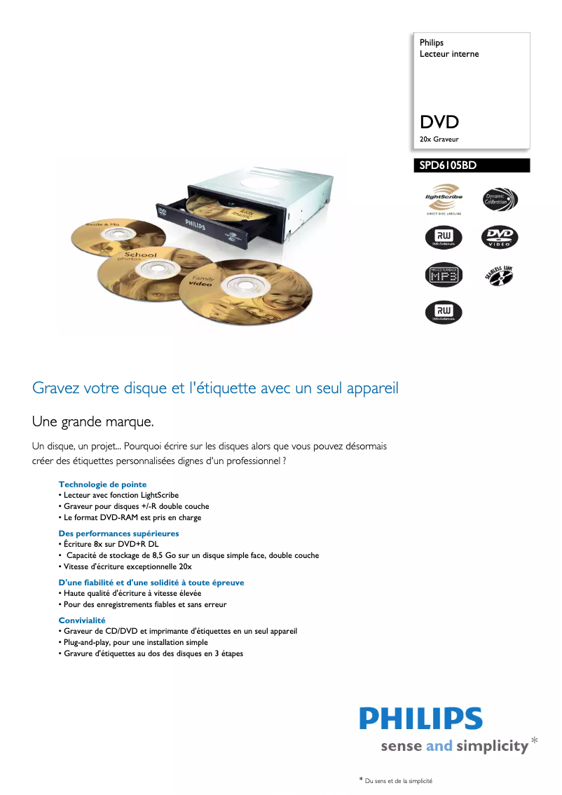 Página 1 del manual Ficha técnica Philips SPD6105BD