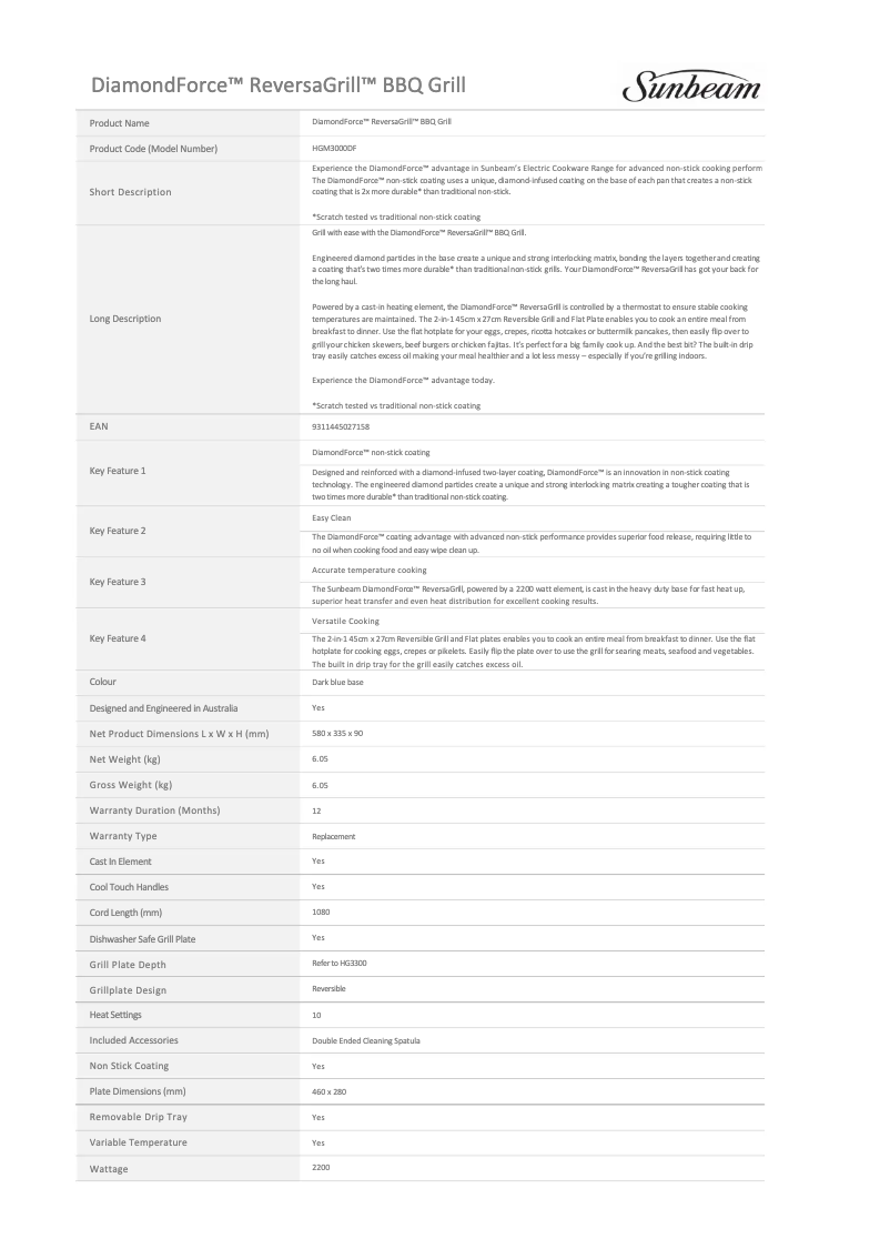 Page 1 de la notice Fiche technique Sunbeam DiamondForce ReversaGrill HGM3000DF