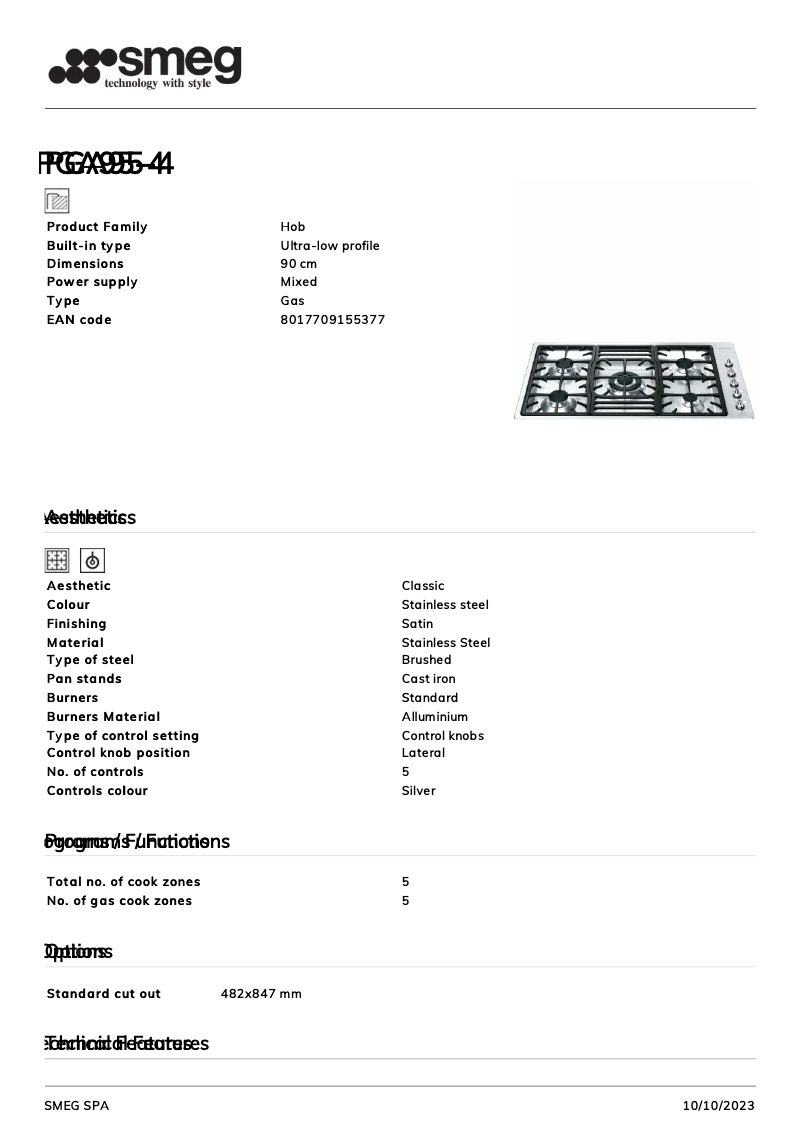 Page n°1 - Fiche technique Smeg PGA95F-4