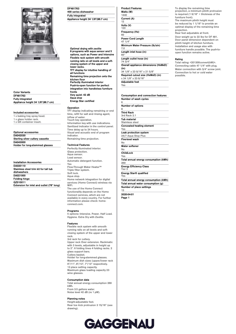 Page 1 de la notice Fiche technique Gaggenau DF481763