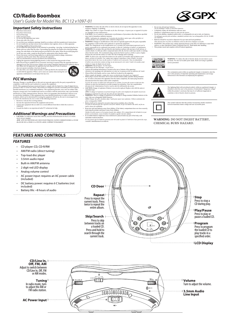 Image de la première page du manuel de l'appareil BC112B