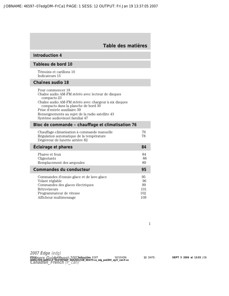 Page 1 de la notice Manuel utilisateur Ford Edge (2007)