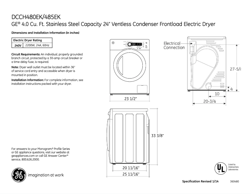 Page 1 de la notice Fiche technique GE DCCH480EKWW