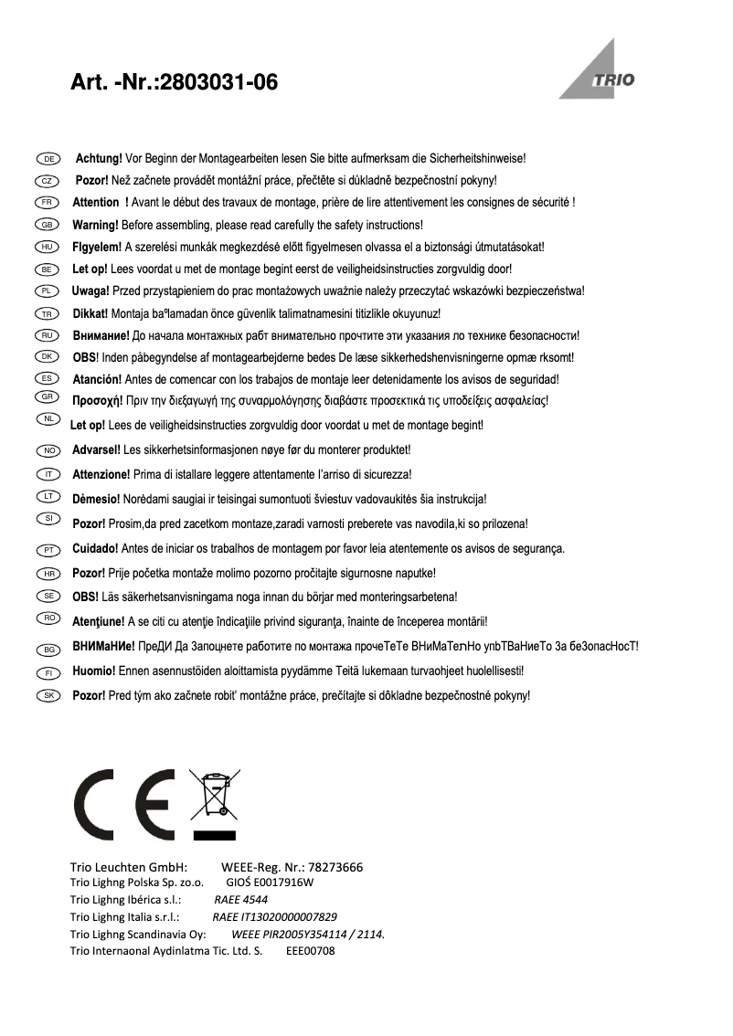 Page 1 de la notice Manuel utilisateur Trio Lighting Xavi 2803031-06