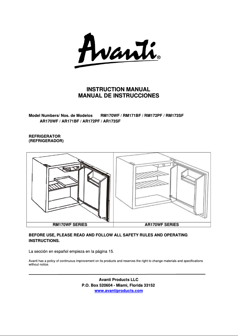 Page 1 de la notice Manuel utilisateur Avanti RM170WF