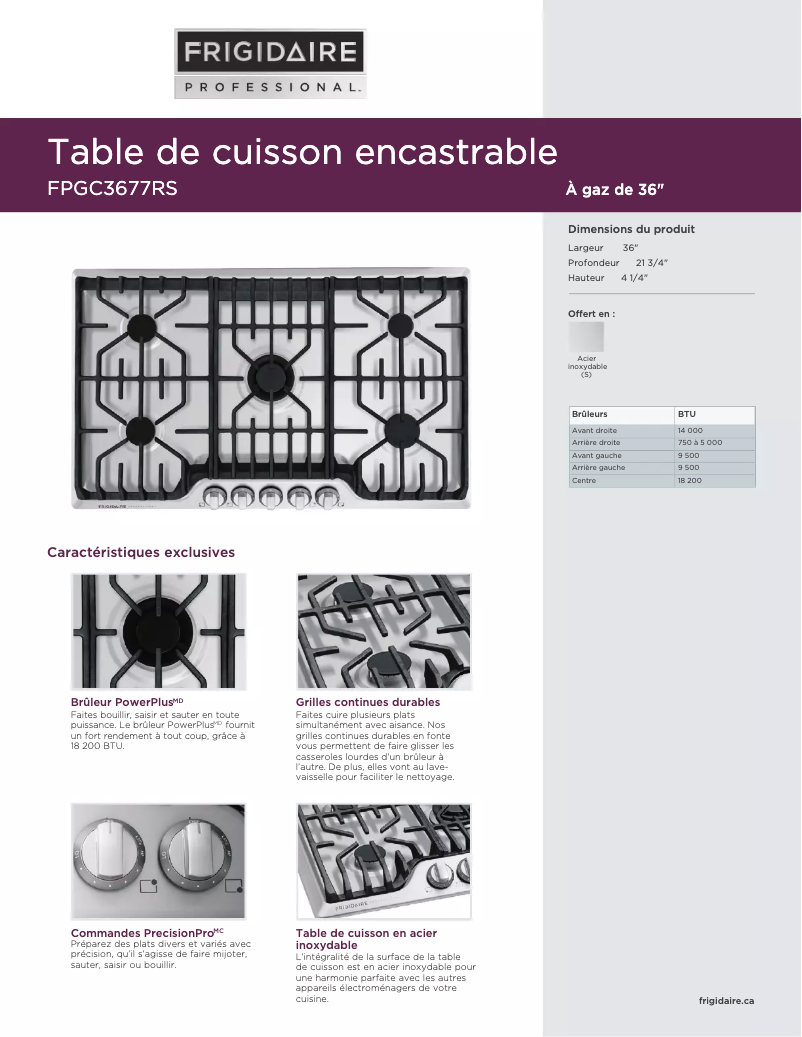 Page n°1 - Fiche technique Frigidaire FPGC3677RS