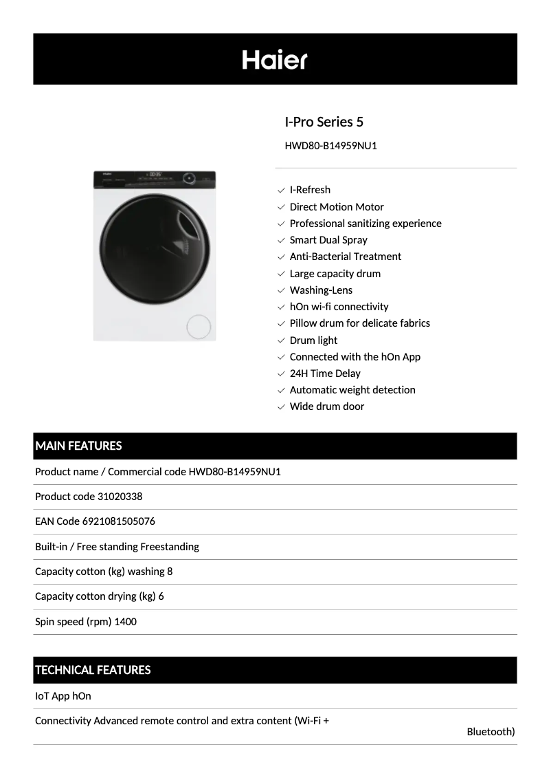 Page 1 de la notice Fiche technique Haier HWD80-B14959NU1