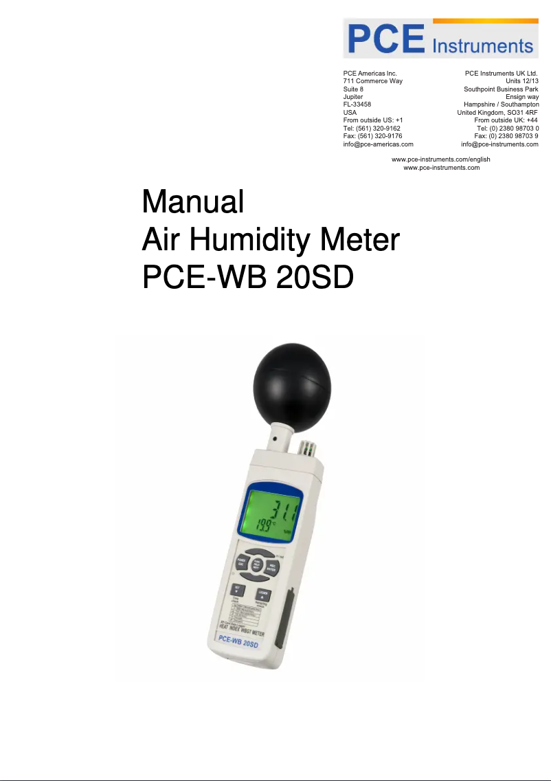 Page n°1 - Manuel utilisateur PCE Instruments PCE-WB 20SD