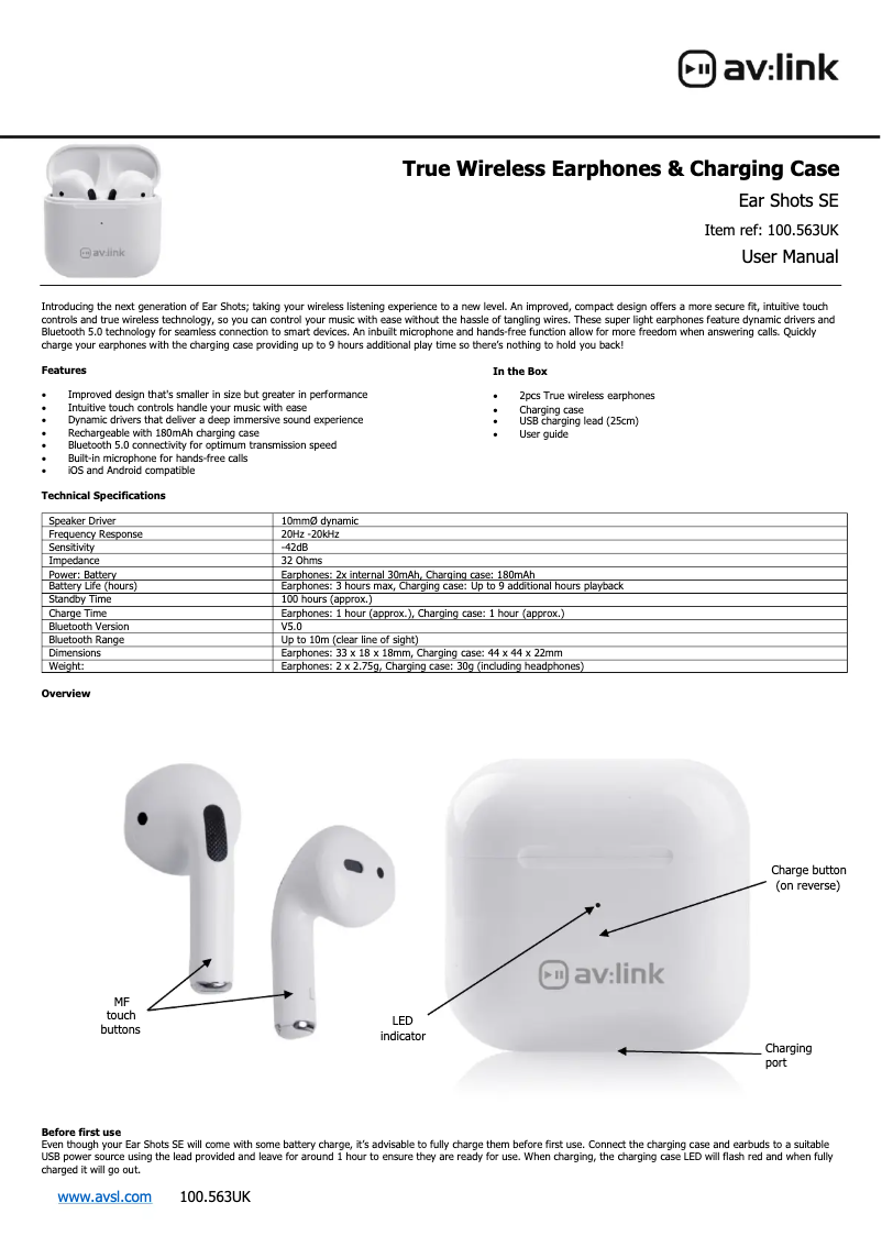 Page n°1 - Manuel utilisateur AV:link Ear Shots SE