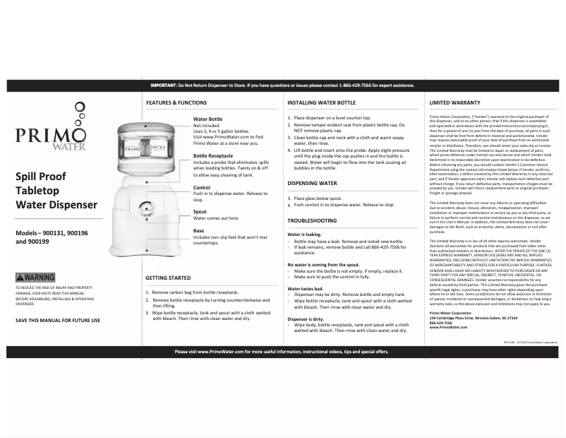 Page 1 de la notice Manuel utilisateur Primo Water Home 900196